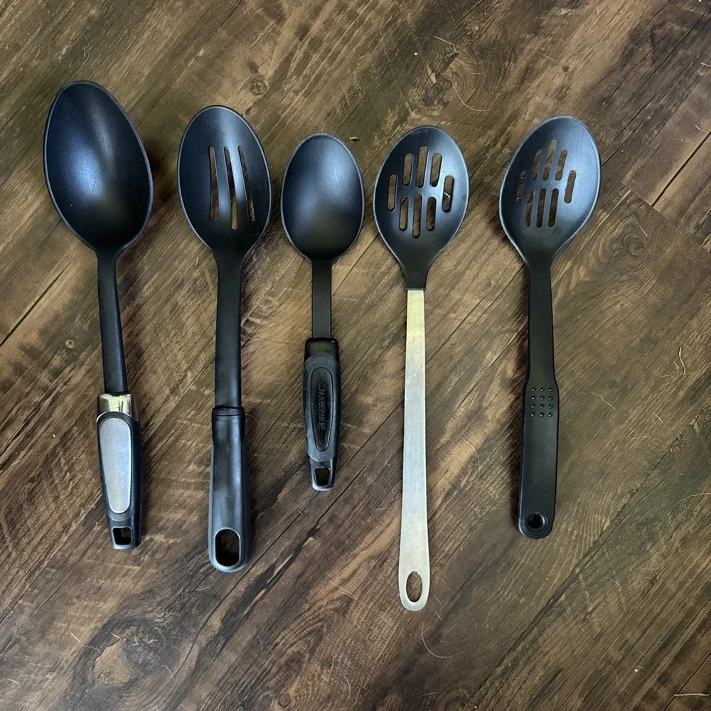 Serving Spoon Lot Of 5 Slotted Black Stainless Steel Utensils